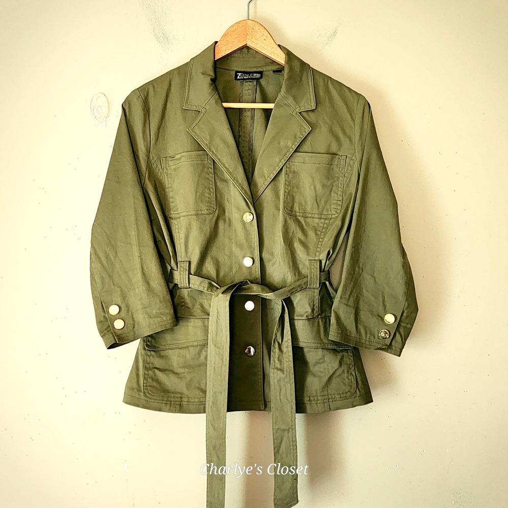 NY&Co. Safari Blazer M Olive Belted Lightweight Utility Office Granola Chic